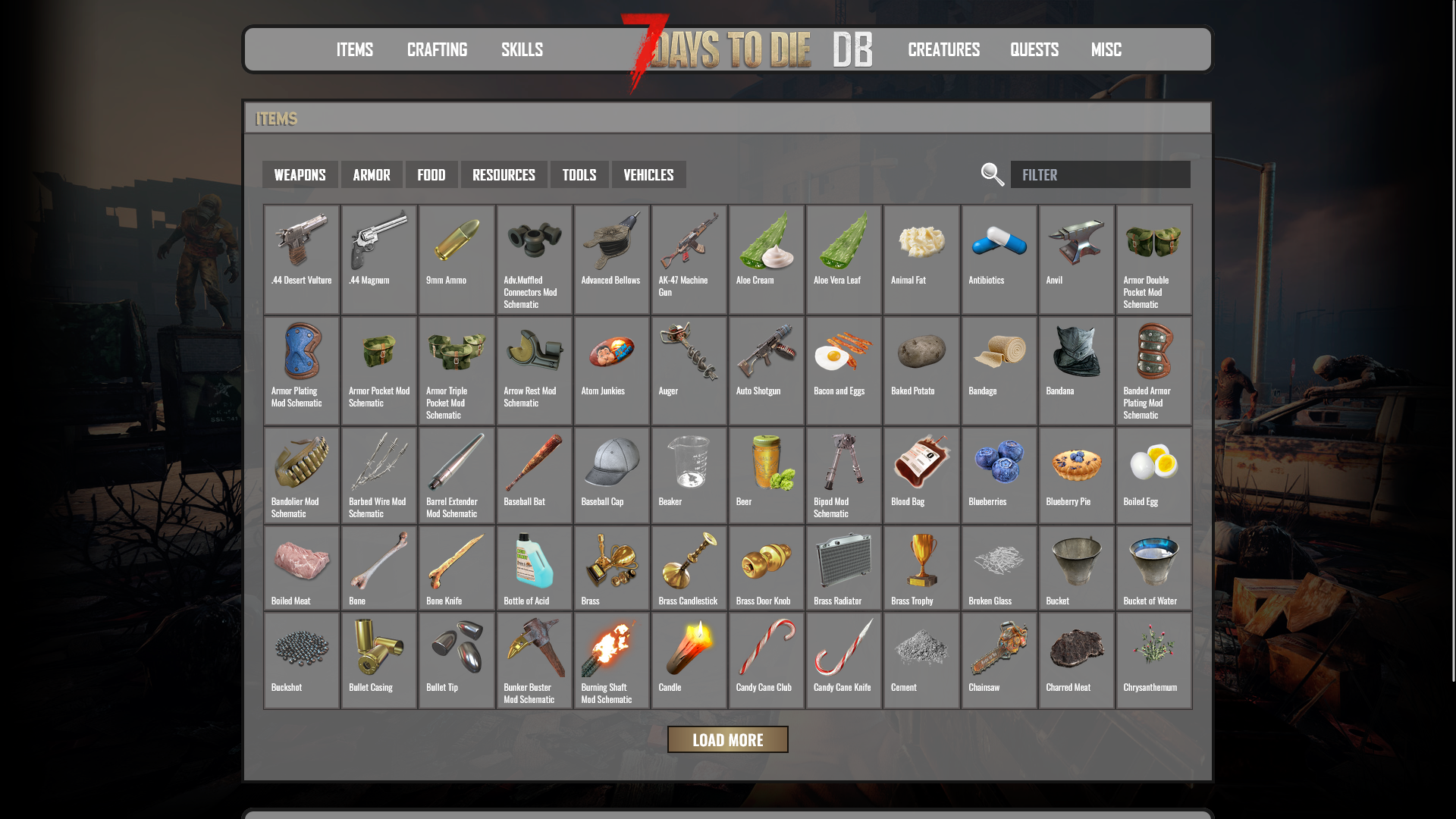 A full featured database for 7 Days to Die, including items, skills, and more.